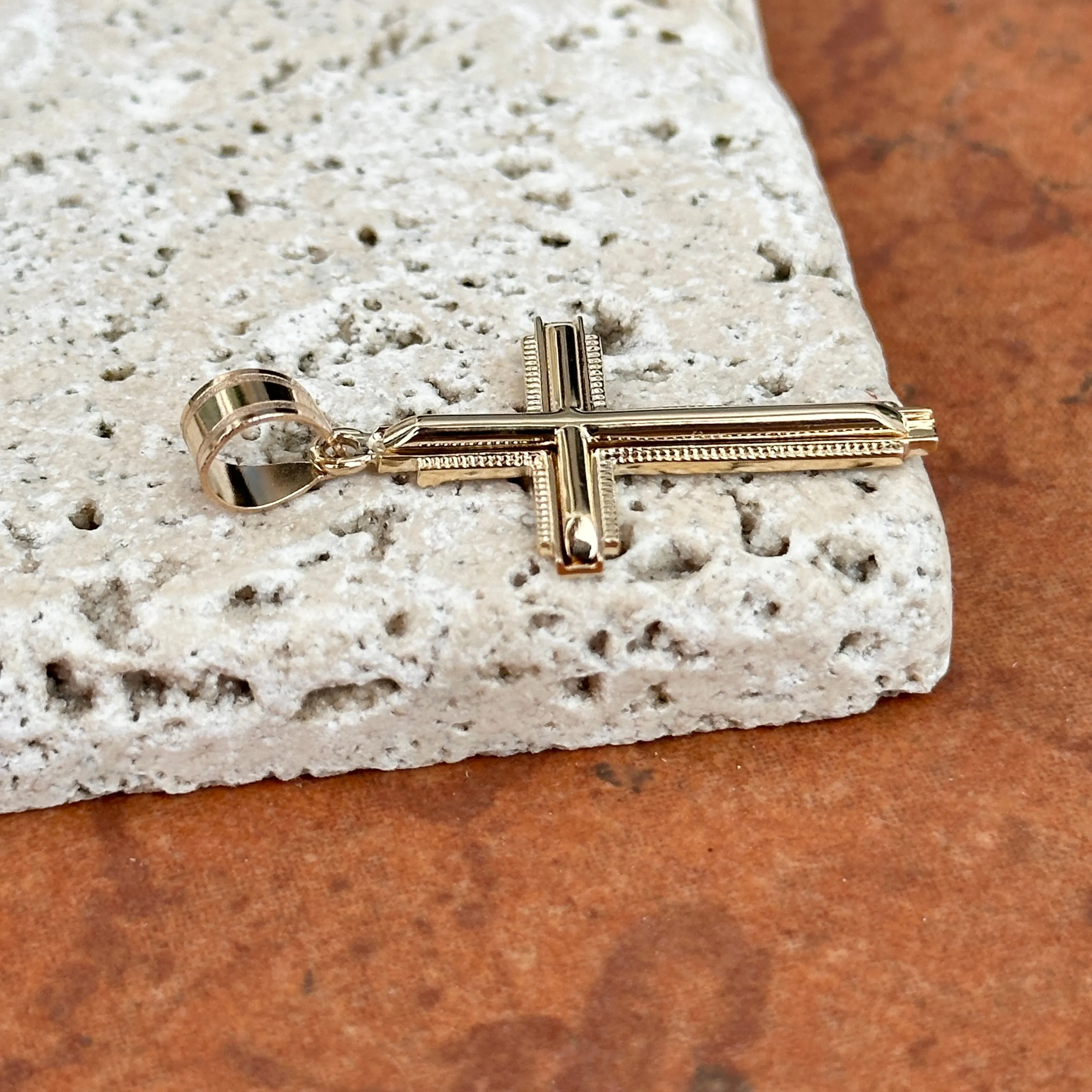 14KT Yellow Gold Raised Textured Edge Cross Pendant