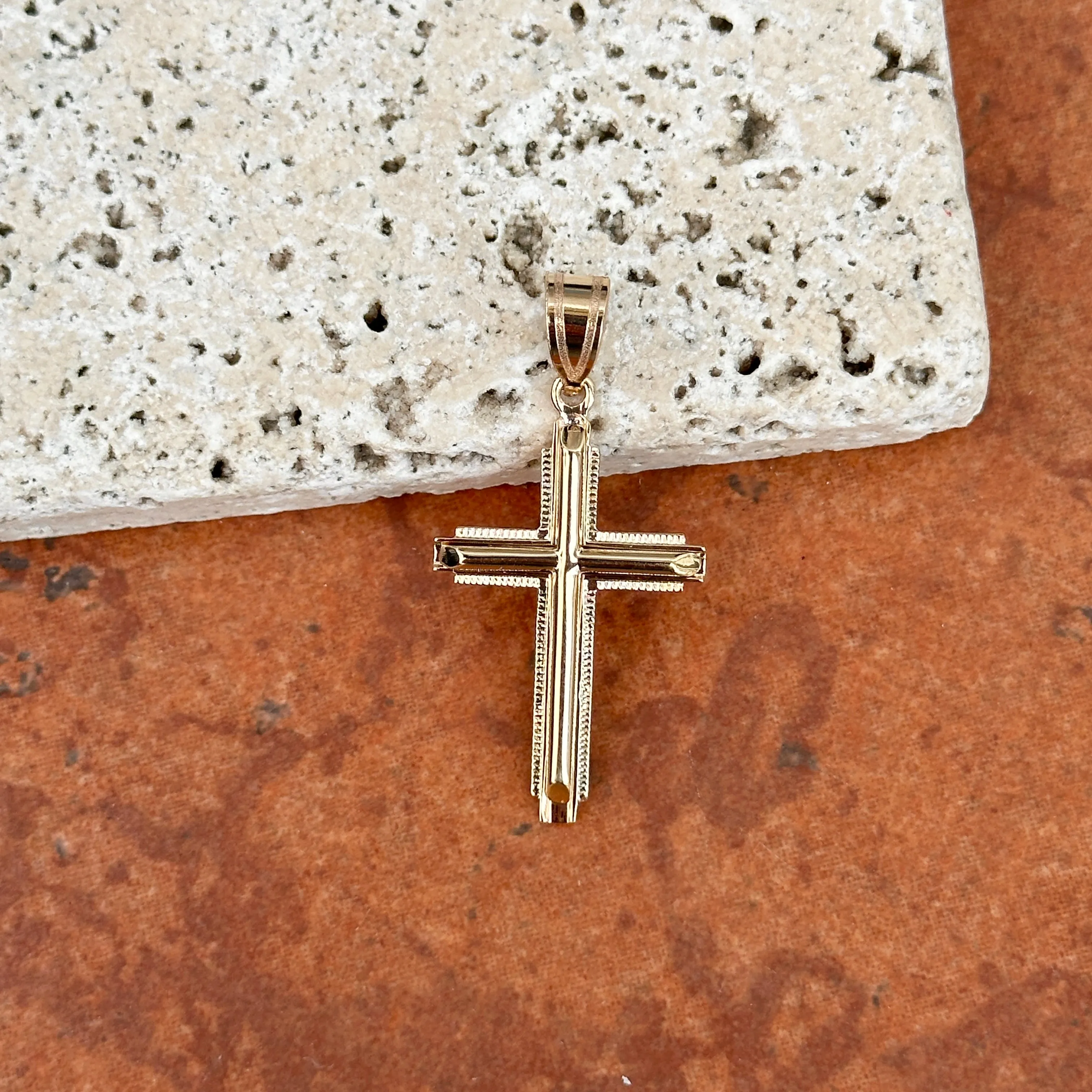 14KT Yellow Gold Raised Textured Edge Cross Pendant