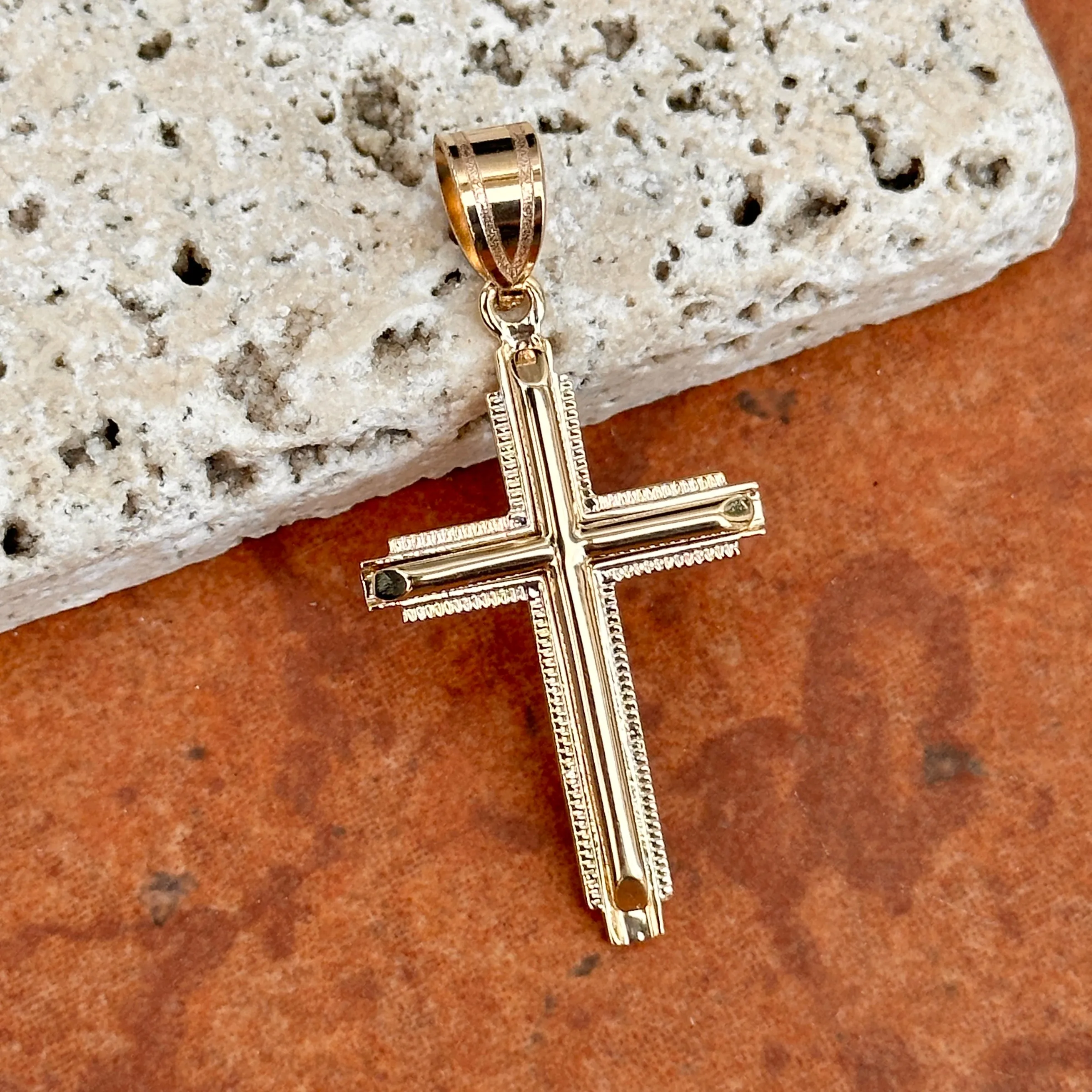 14KT Yellow Gold Raised Textured Edge Cross Pendant