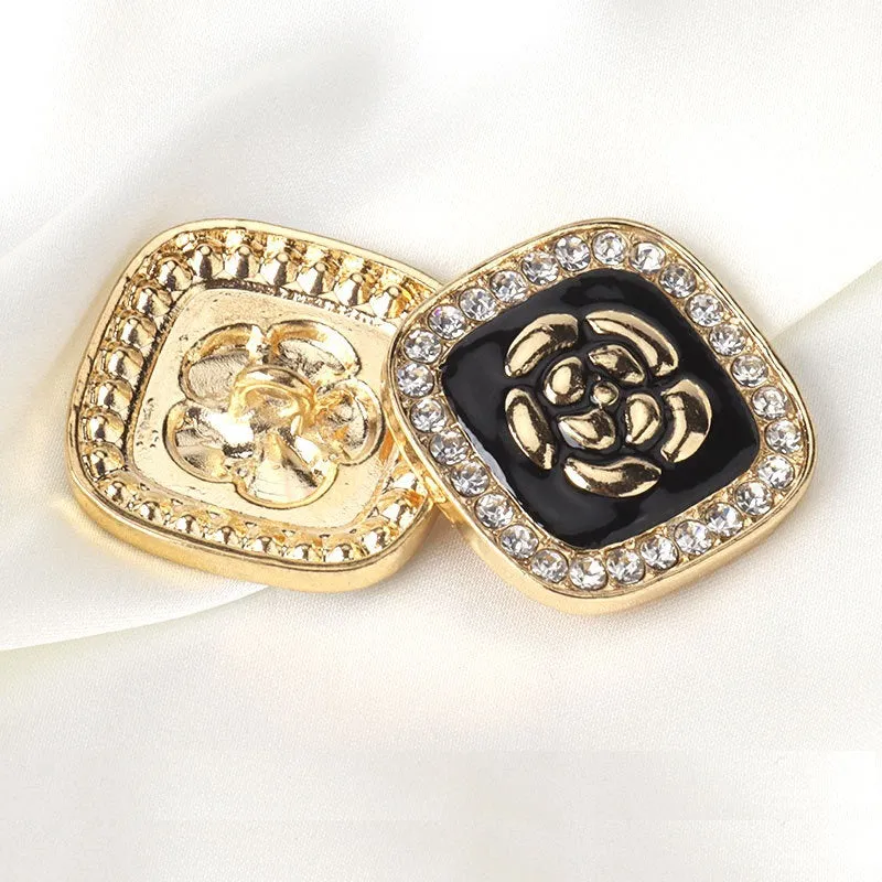 26mm Black Enameled Flower Golden Square Metal Rhinestone Buttons 5pcs