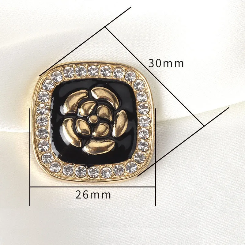 26mm Black Enameled Flower Golden Square Metal Rhinestone Buttons 5pcs