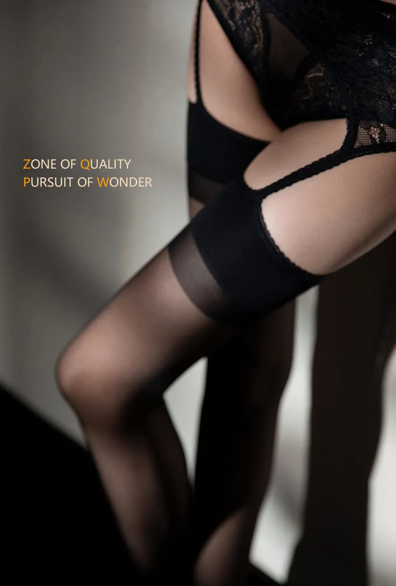 3D One Piece Lace Garter Belt High Waist Open Crotch Stockings Black Ultra Thin No-Take Sexy Stockings