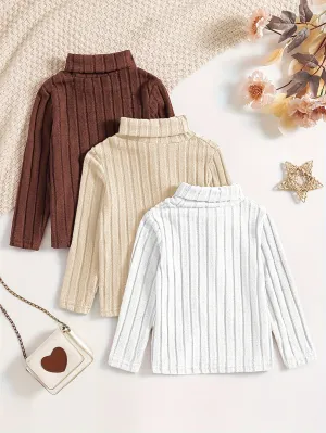 3pcs Cozy Vintage Knit Pullovers for Little Girls - Soft High Neck Long Sleeve Layering Tops with Medium Stretch Fabric - Machine Washable, Solid Colors, and Versatile for All Seasons