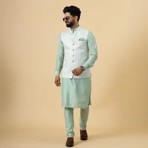 Alluring Mint Green Floral Thread Embroidered Silk Half Jodhpuri Jacket with Sea Green Kurta-Pajama for Men