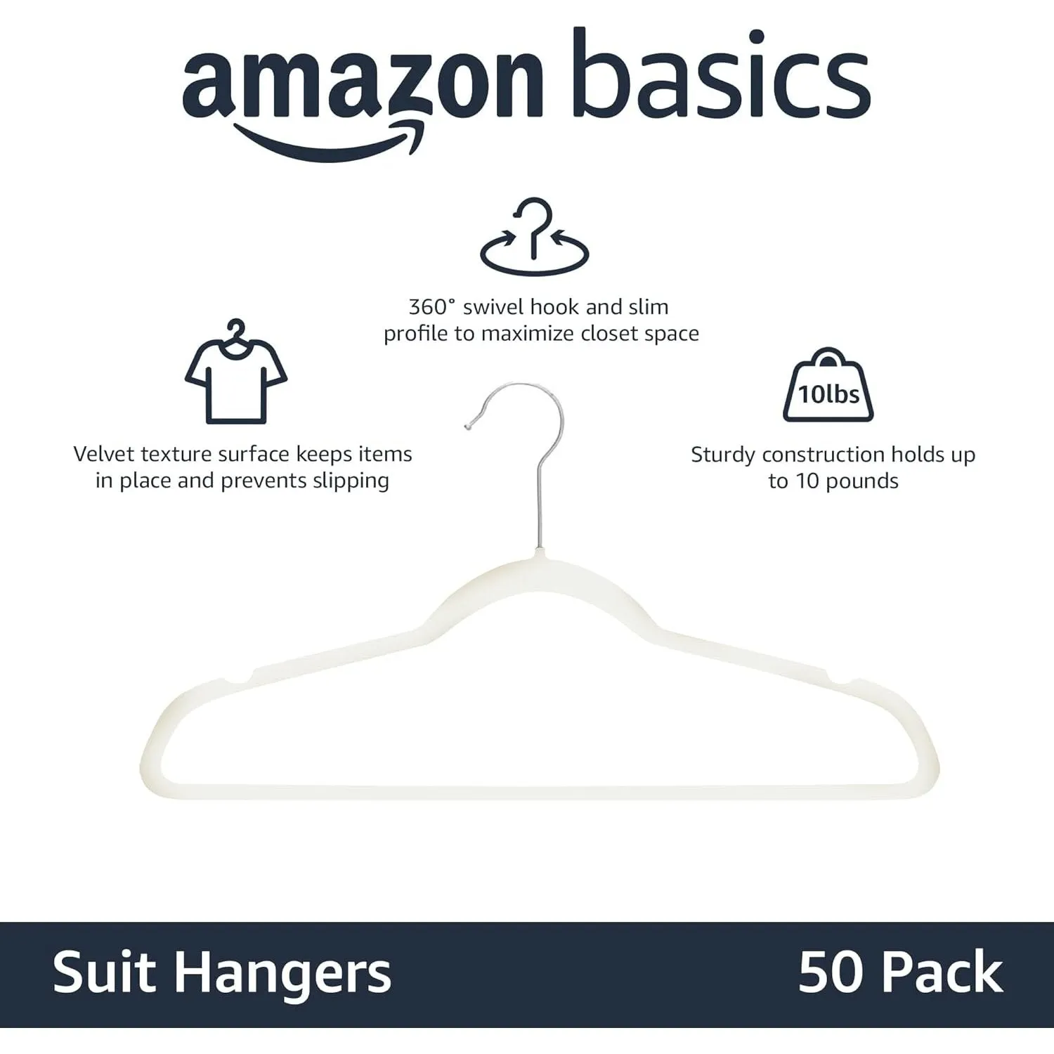 Amazon Basics Slim, Velvet, Non-Slip Suit Clothes Hangers, Ivory/Silver - Pack of 50 [IMPORTED]
