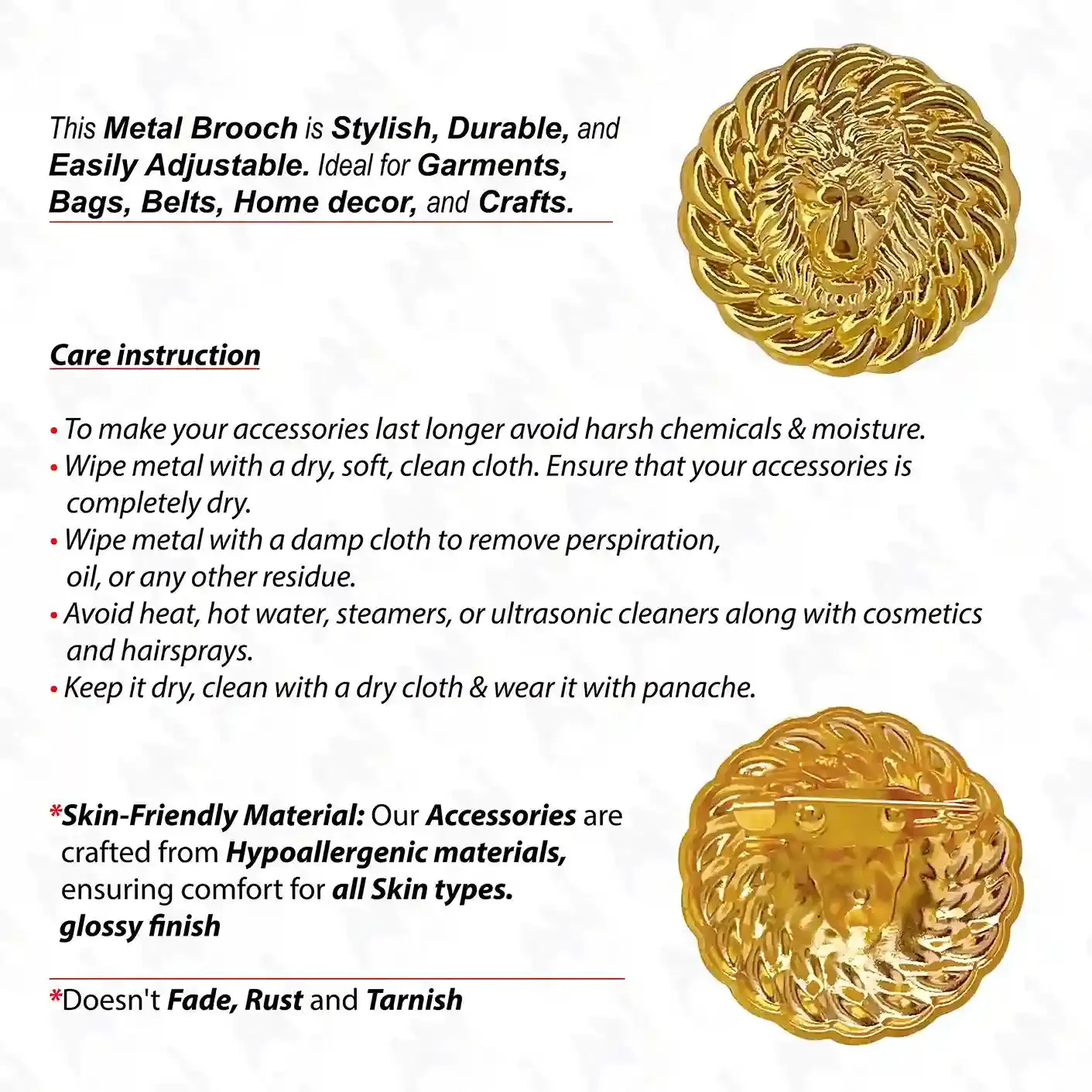 Ani Accessories Lion Head Gold Brooch for Elegant Style