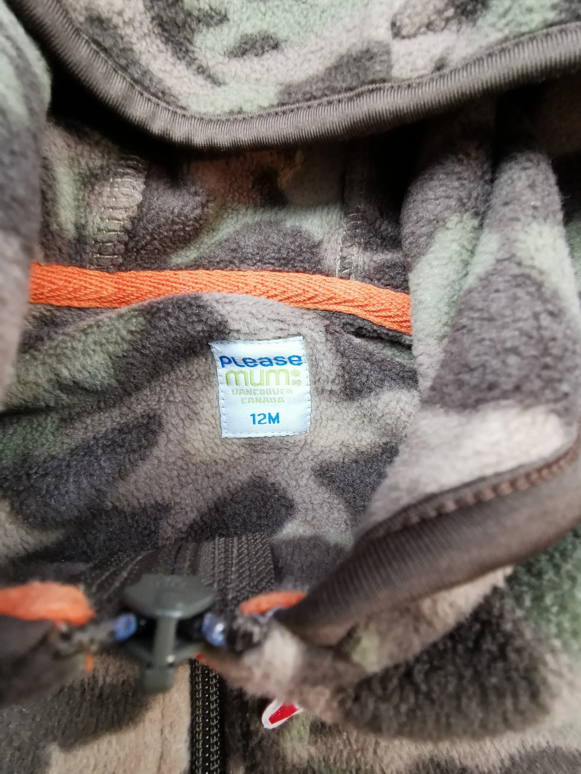 BABY BOY SIZE 12 MONTHS - PLEASE Mum, Soft Fleece Camo Zippered Hoodie EUC B29