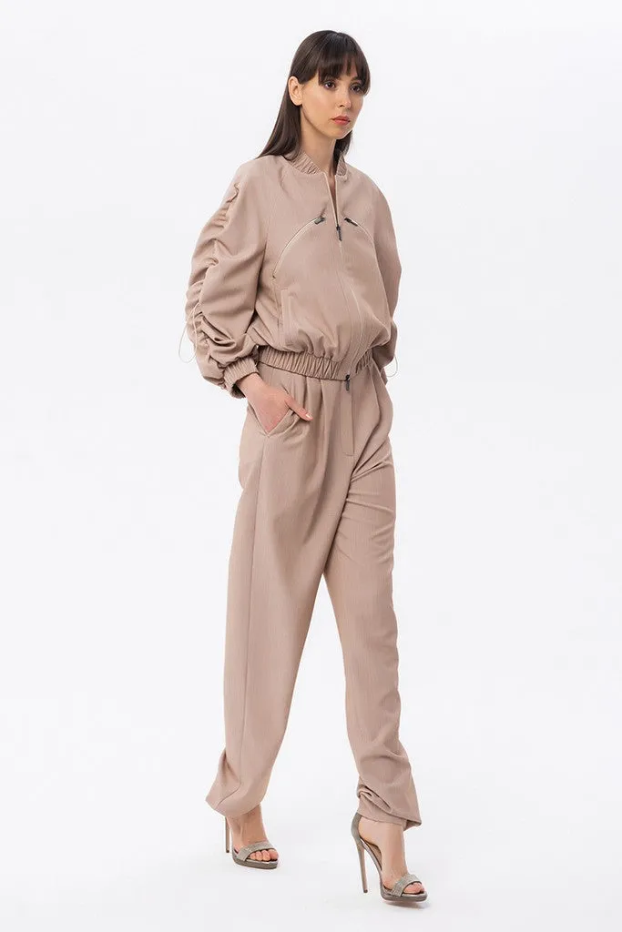 Beige Day Long Sleeve Bomber with Pockets