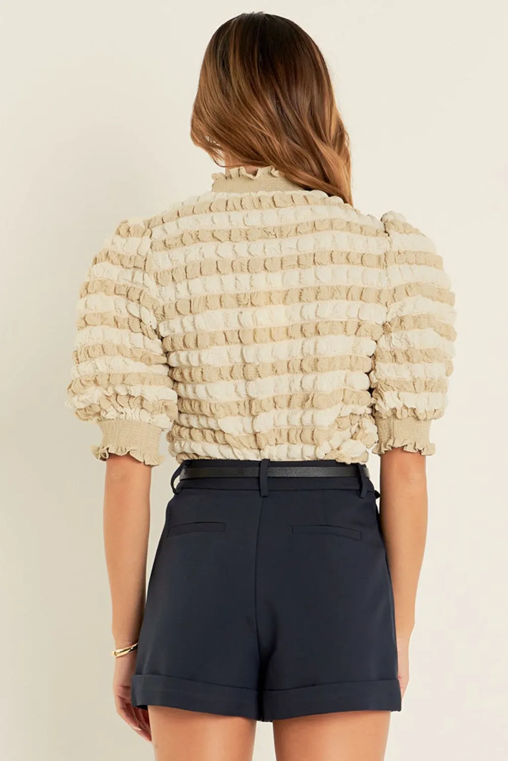 Beige Textured Mock Neck Short Sleeve Blouse for Women