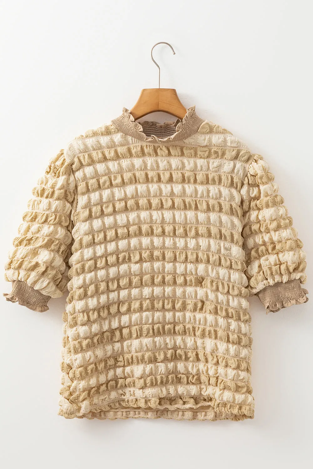 Beige Textured Mock Neck Short Sleeve Blouse for Women