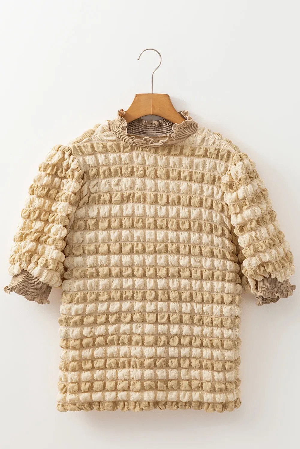 Beige Textured Mock Neck Short Sleeve Blouse for Women