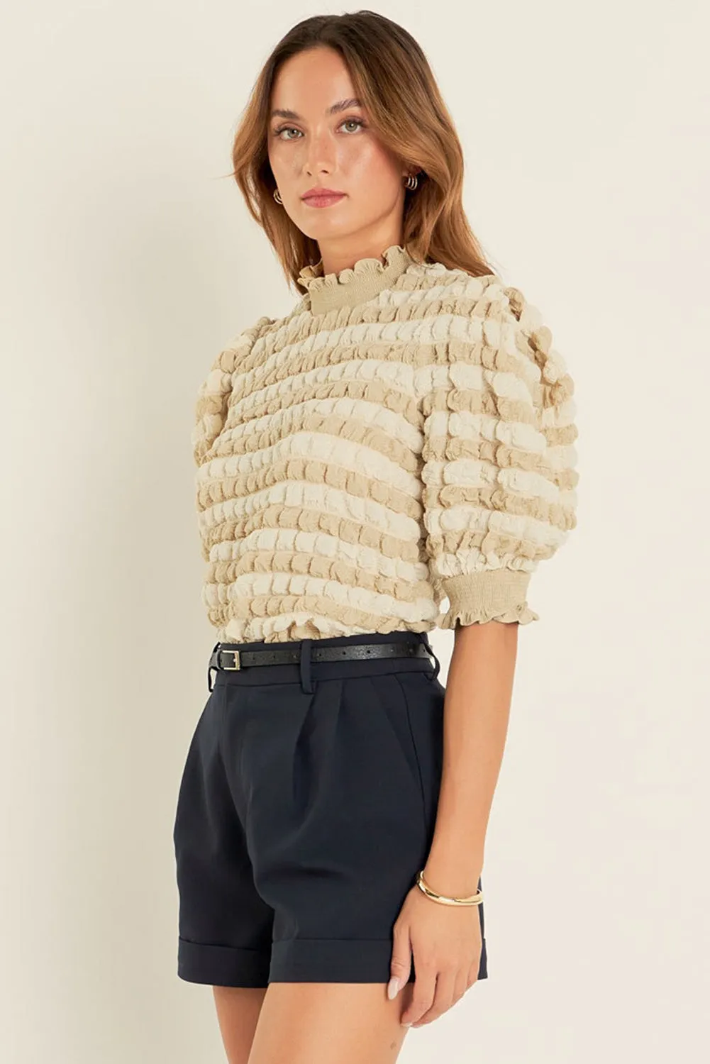 Beige Textured Mock Neck Short Sleeve Blouse for Women