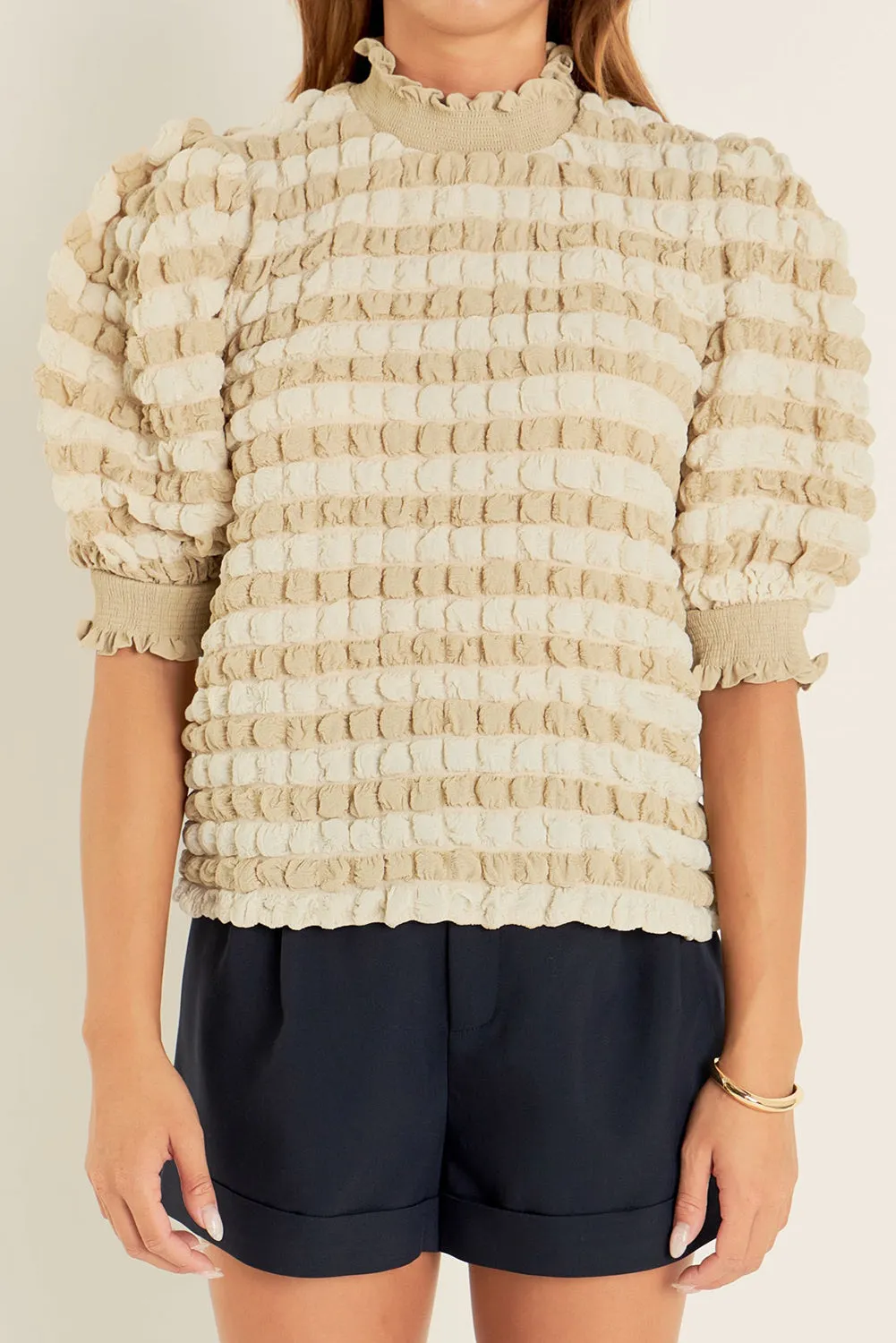 Beige Textured Mock Neck Short Sleeve Blouse for Women