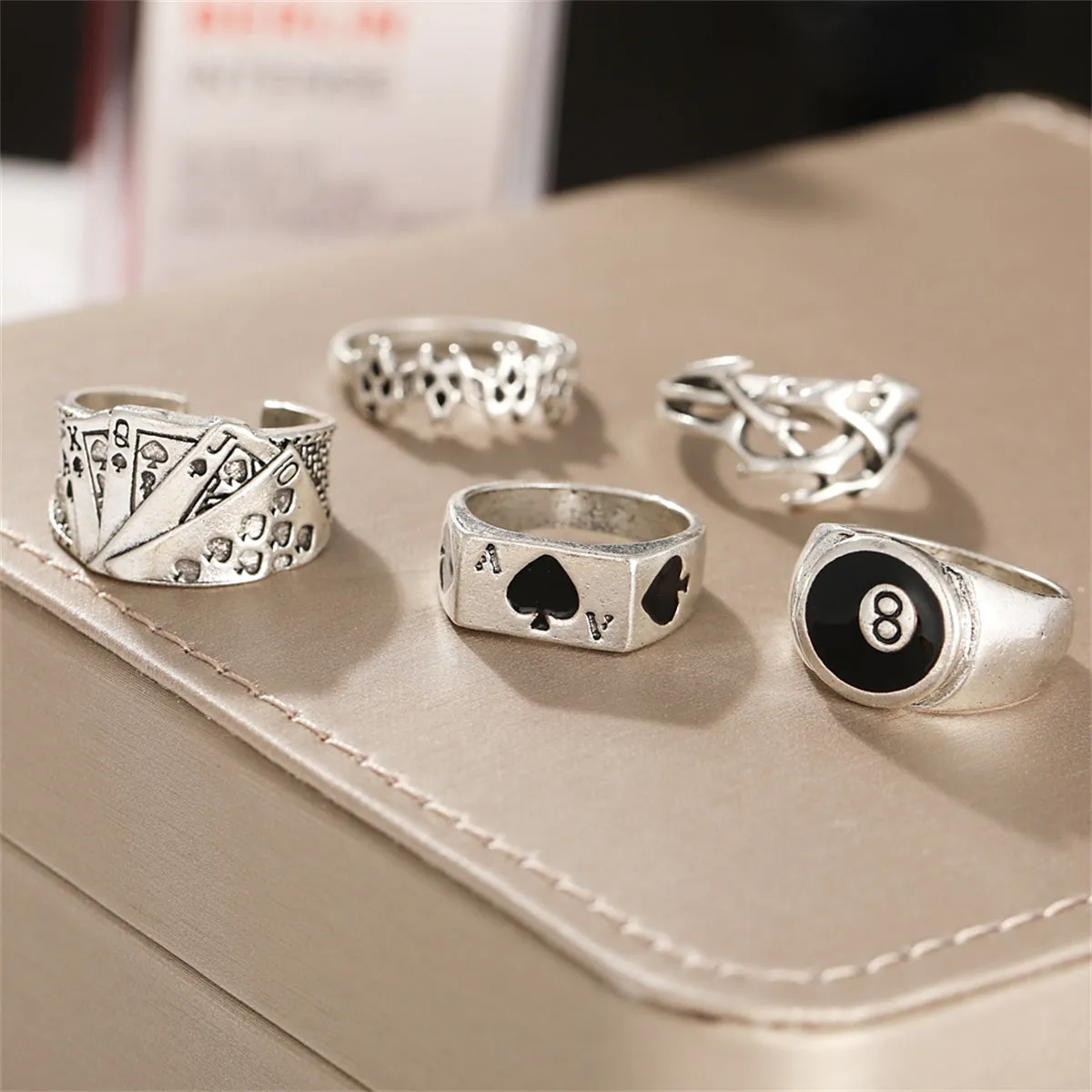 Black Enamel & Silver-Plated Skull Joker Ring Set
