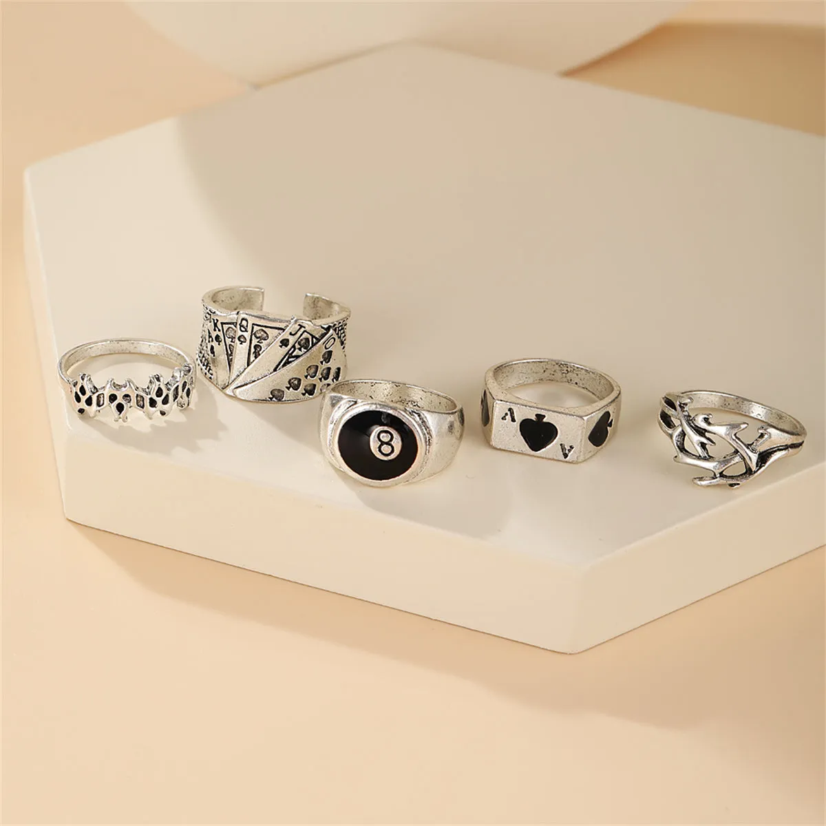 Black Enamel & Silver-Plated Skull Joker Ring Set