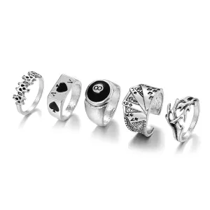 Black Enamel & Silver-Plated Skull Joker Ring Set