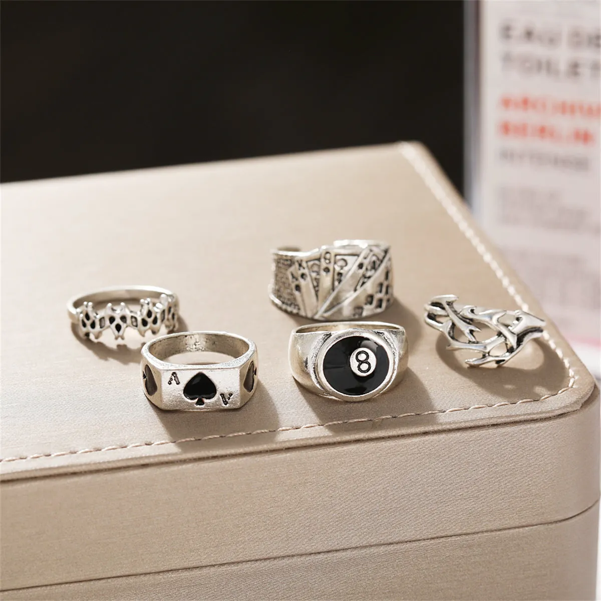 Black Enamel & Silver-Plated Skull Joker Ring Set
