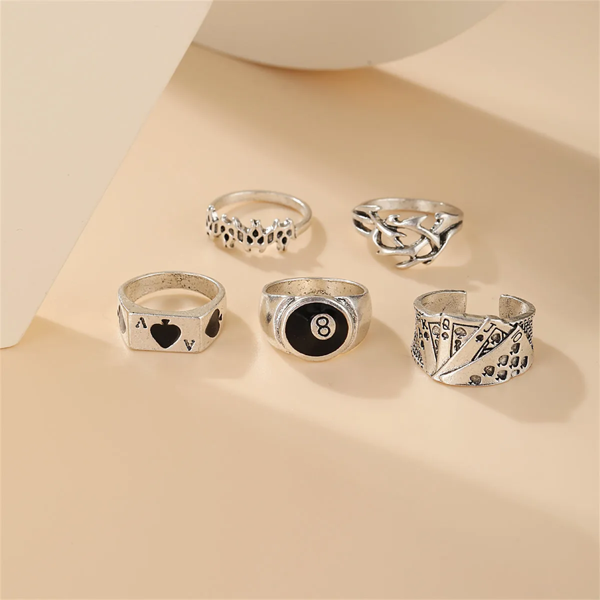 Black Enamel & Silver-Plated Skull Joker Ring Set
