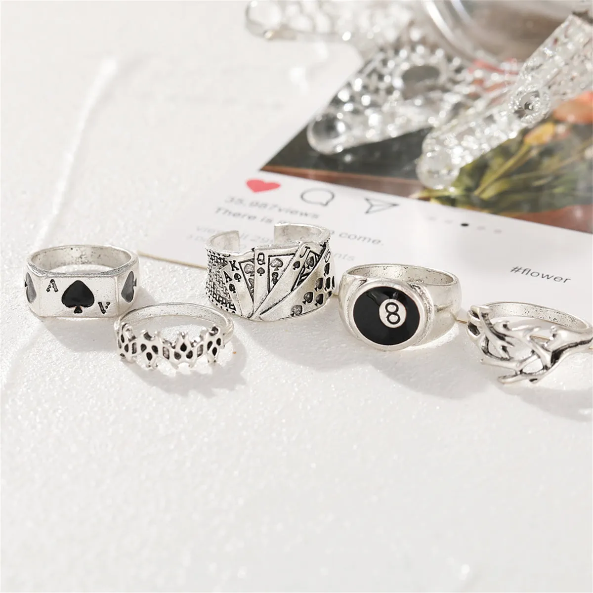 Black Enamel & Silver-Plated Skull Joker Ring Set