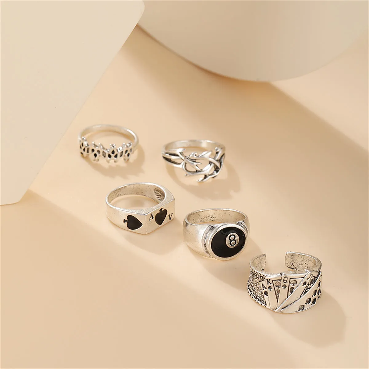 Black Enamel & Silver-Plated Skull Joker Ring Set