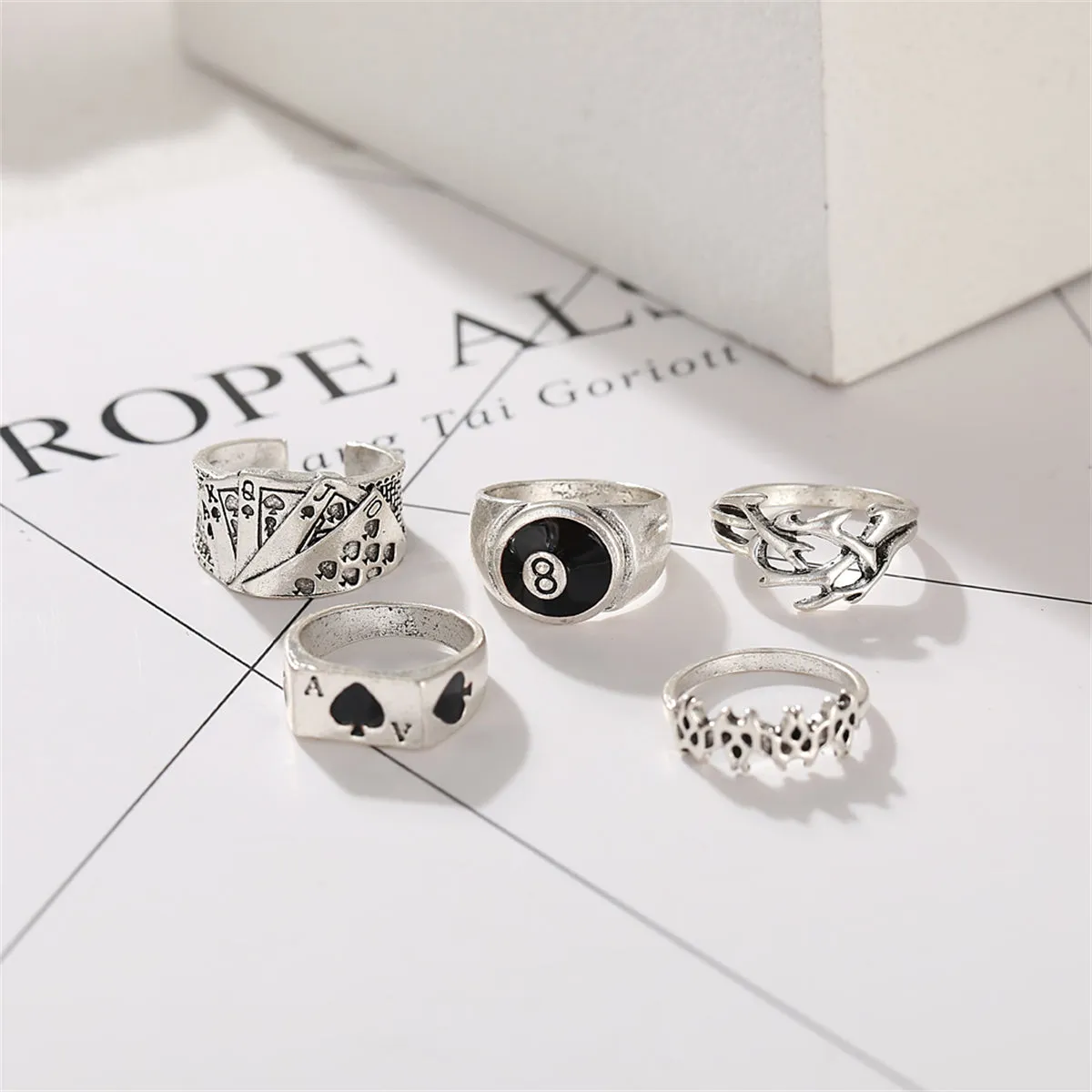 Black Enamel & Silver-Plated Skull Joker Ring Set