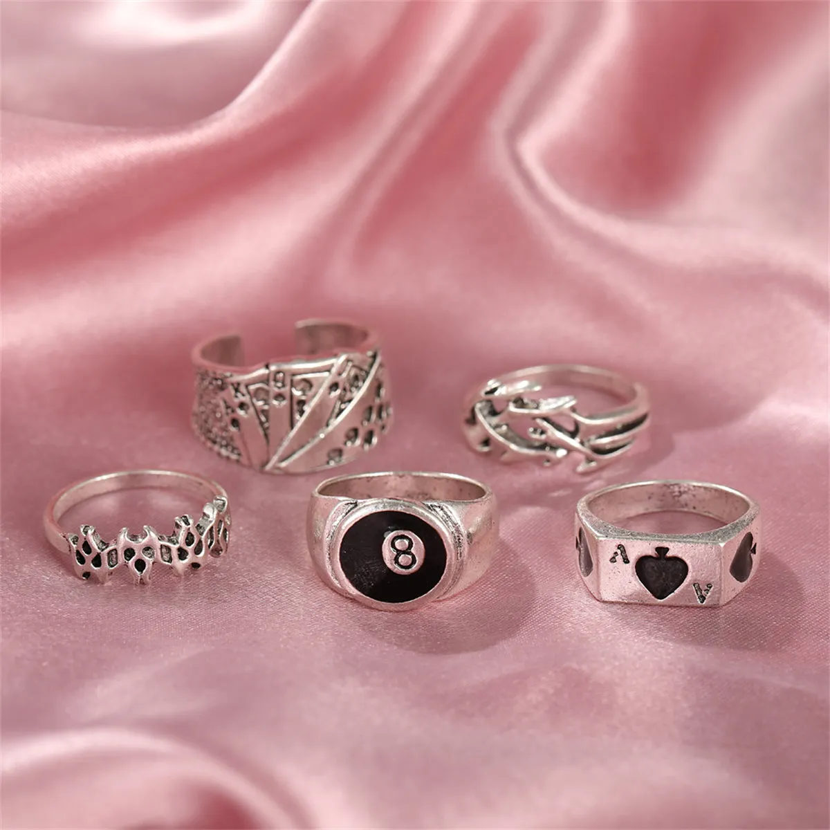 Black Enamel & Silver-Plated Skull Joker Ring Set