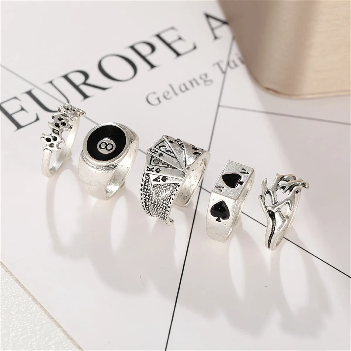 Black Enamel & Silver-Plated Skull Joker Ring Set