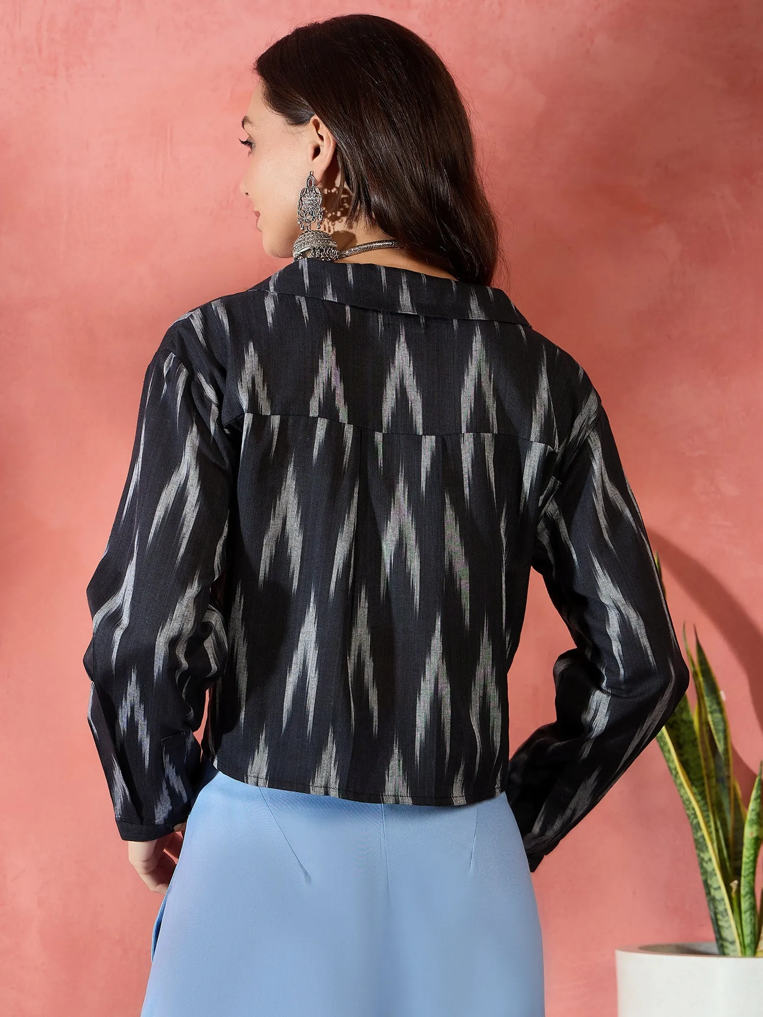 Black Ikkat Collar Short Jacket