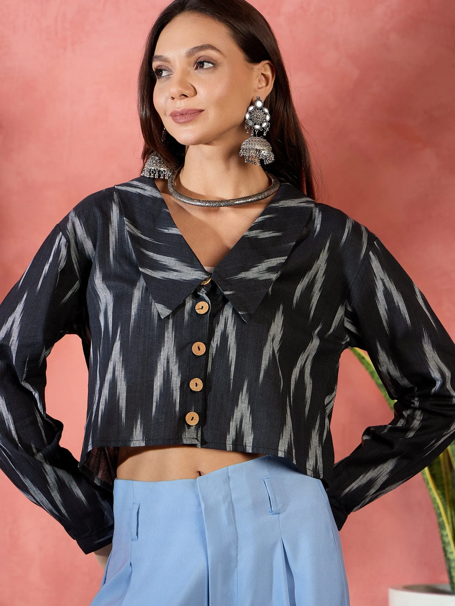 Black Ikkat Collar Short Jacket
