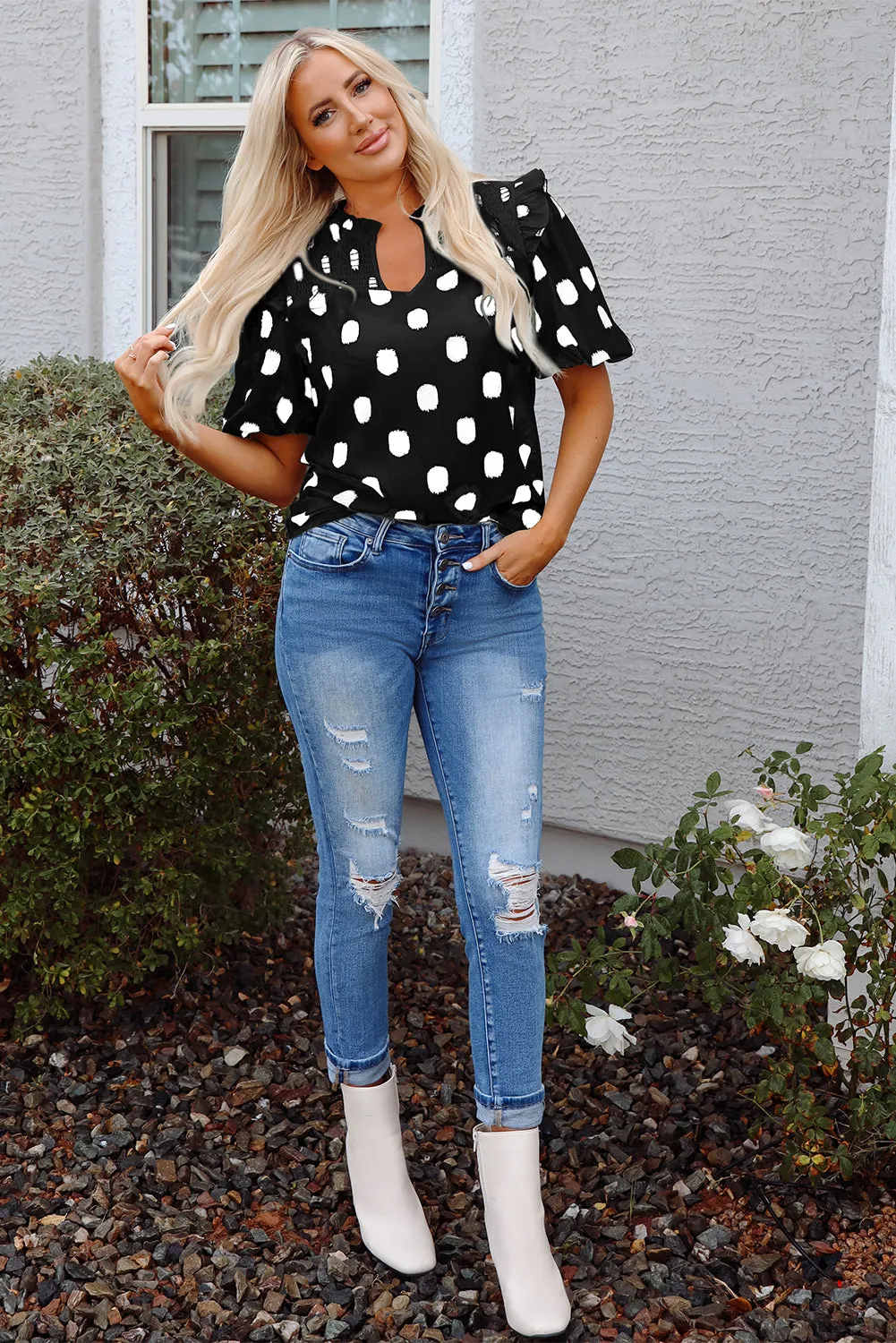 Black Polka Dot Print Shirred Yoke Notched Neck Blouse