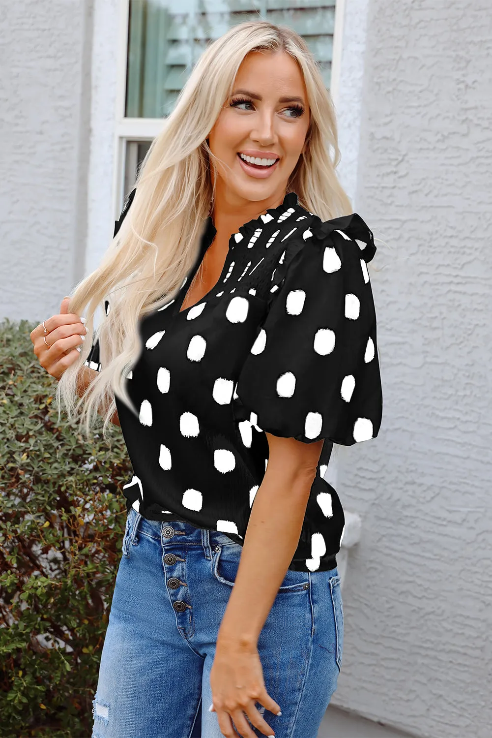 Black Polka Dot Print Shirred Yoke Notched Neck Blouse