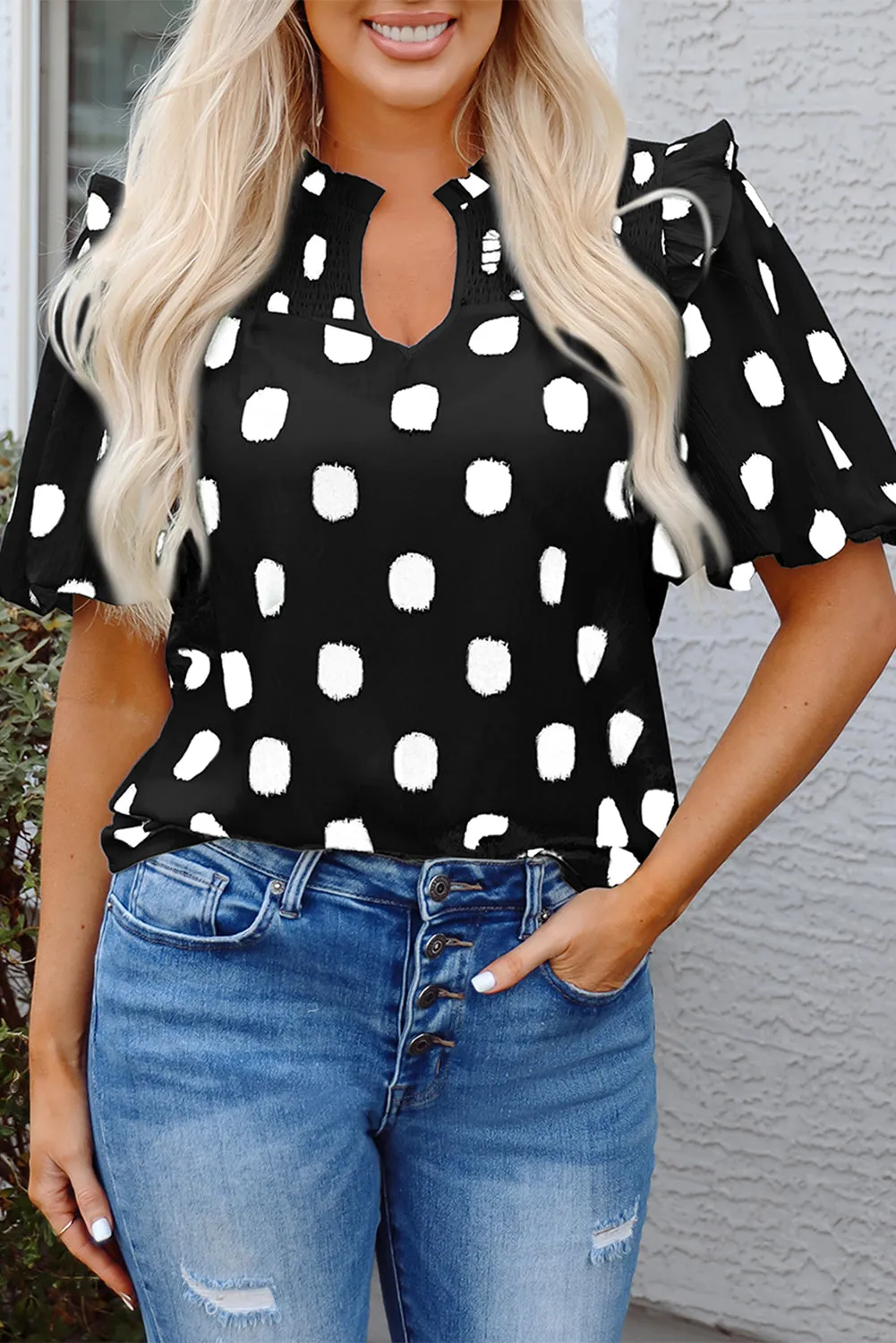 Black Polka Dot Print Shirred Yoke Notched Neck Blouse