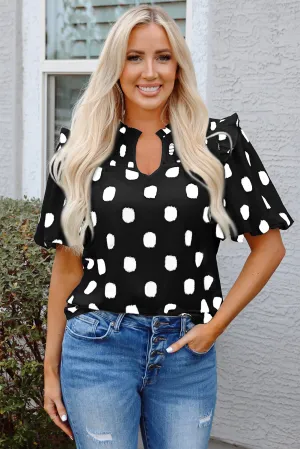 Black Polka Dot Print Shirred Yoke Notched Neck Blouse