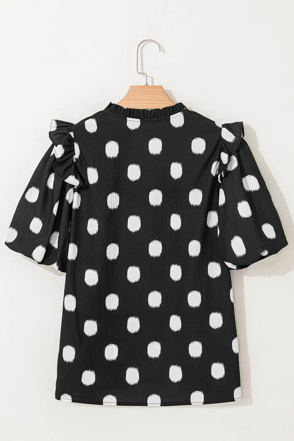 Black Polka Dot Print Shirred Yoke Notched Neck Blouse