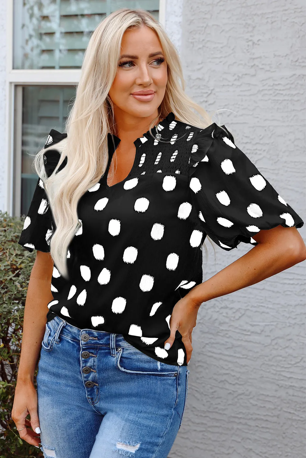 Black Polka Dot Print Shirred Yoke Notched Neck Blouse