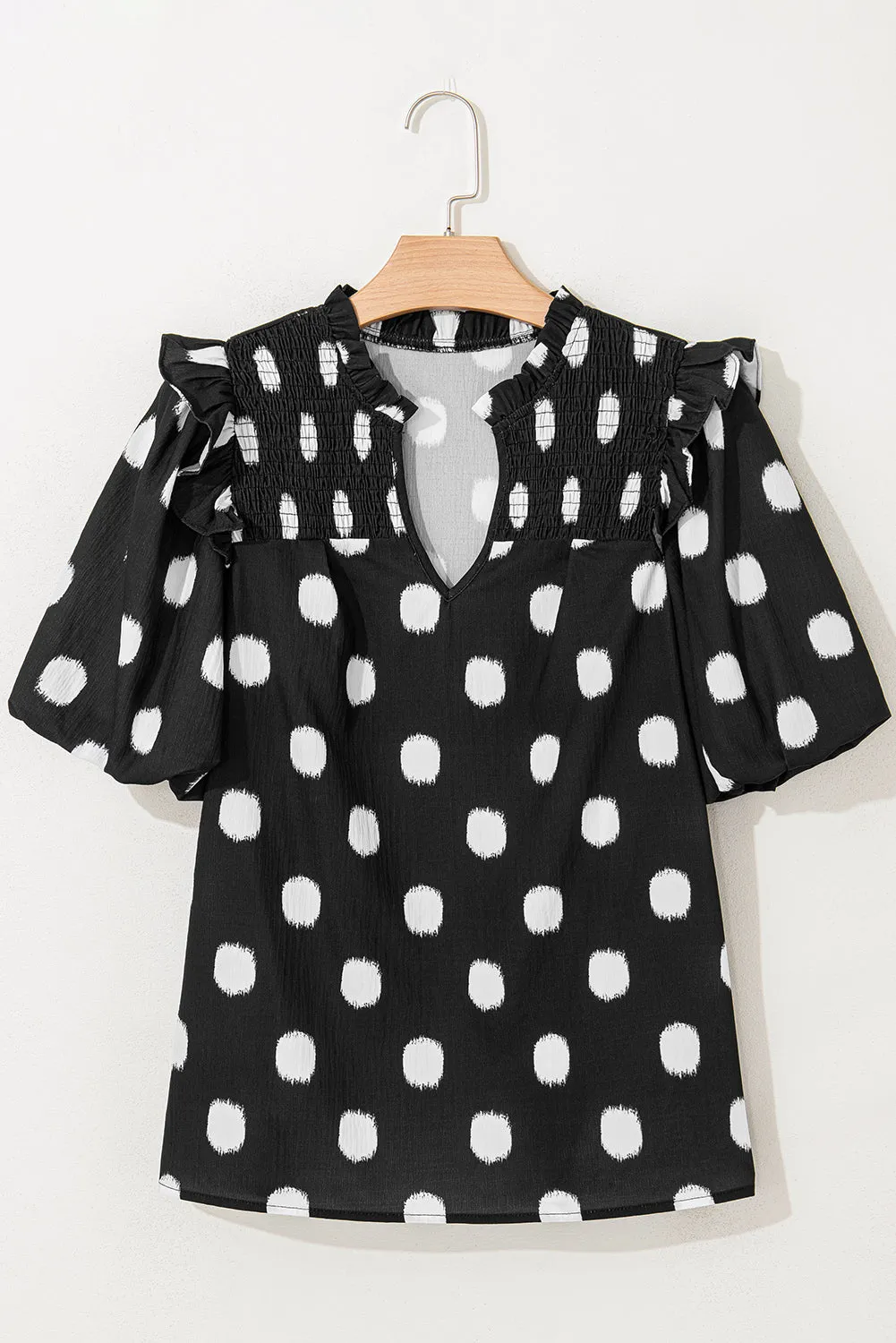 Black Polka Dot Print Shirred Yoke Notched Neck Blouse
