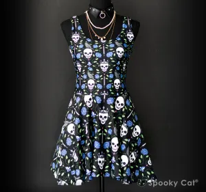 Blue Rose & Skull Floral Skater Dress