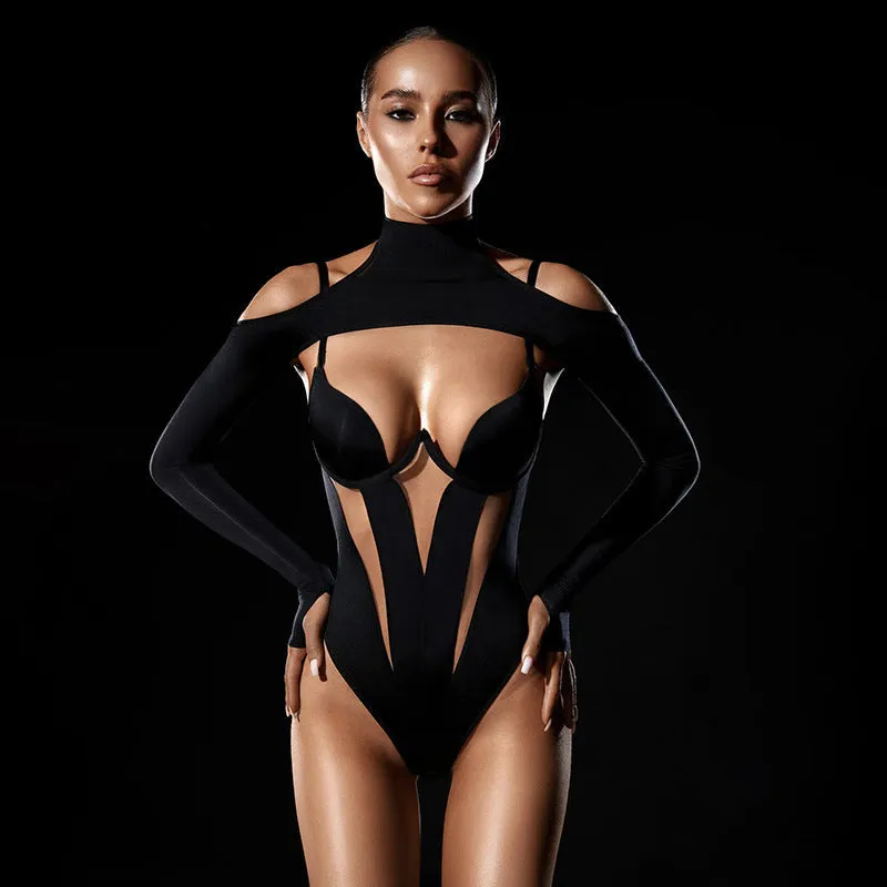 Bold Hollow Mesh Patchwork Strap Bodysuit for Chic Autumn Nights