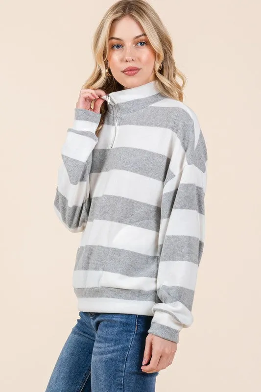 BOMBOM Striped Quarter Zip Drop Shoulder Sweatshirt