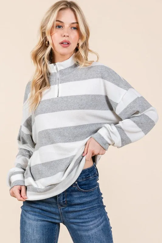 BOMBOM Striped Quarter Zip Drop Shoulder Sweatshirt