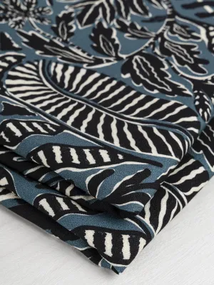 Botanical Tile Print Ecovero Viscose - Black   Teal   Cream