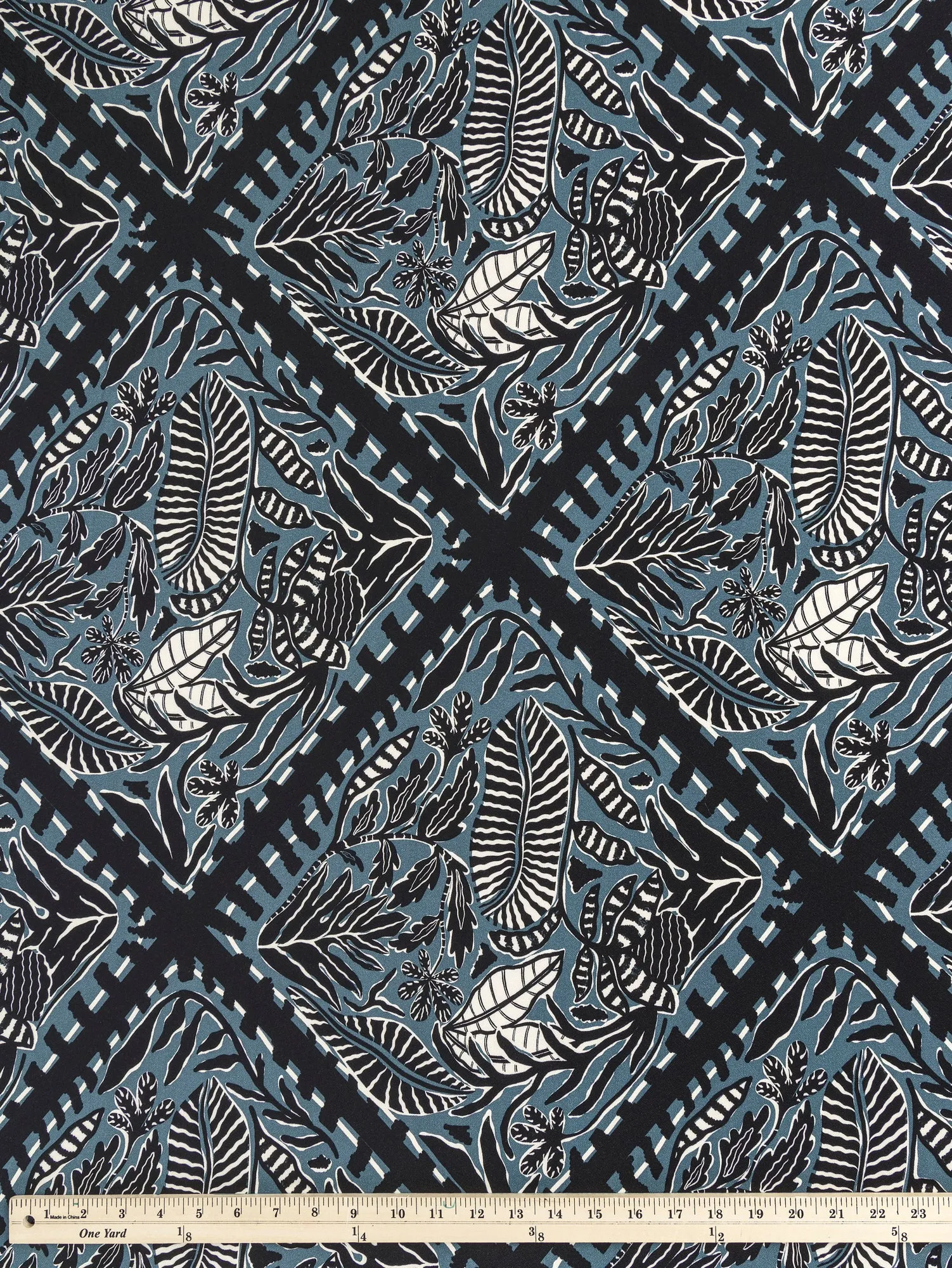 Botanical Tile Print Ecovero Viscose - Black   Teal   Cream