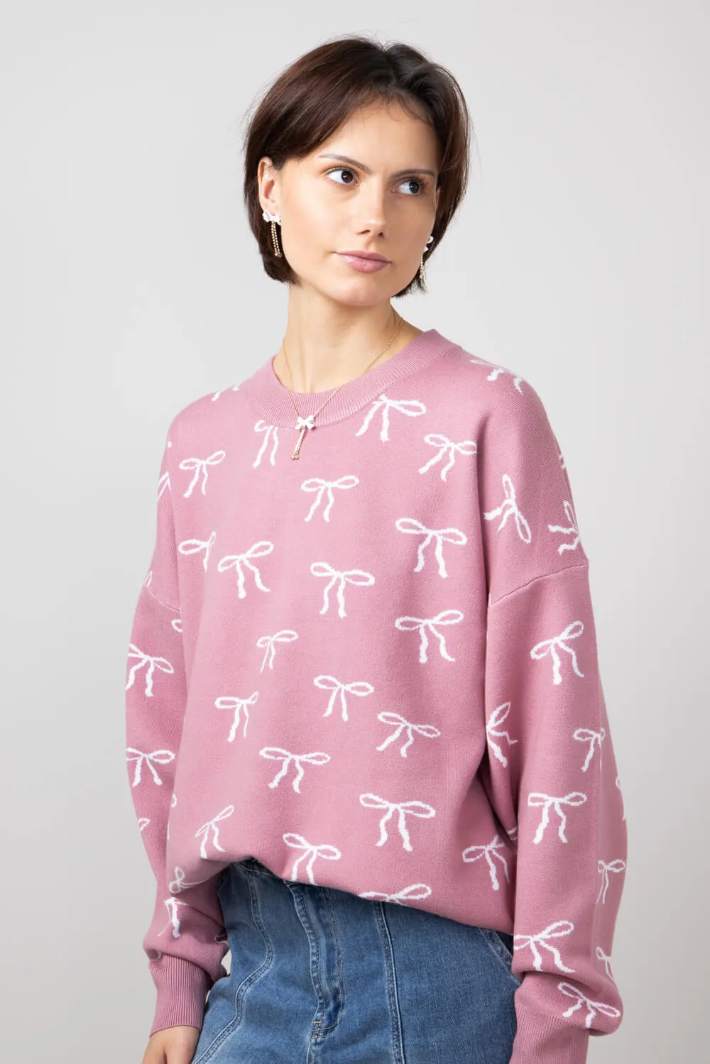 Bow Sweater for Women in Pink | IWT4627-PINKWHITE