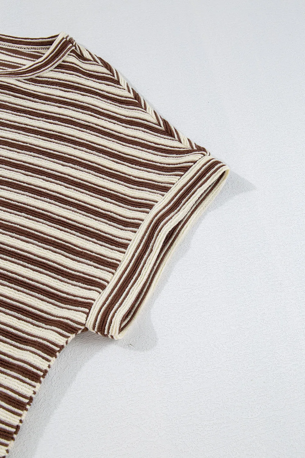 Brown Stripe Textured Side Slits Crew Neck T Shirt for Women