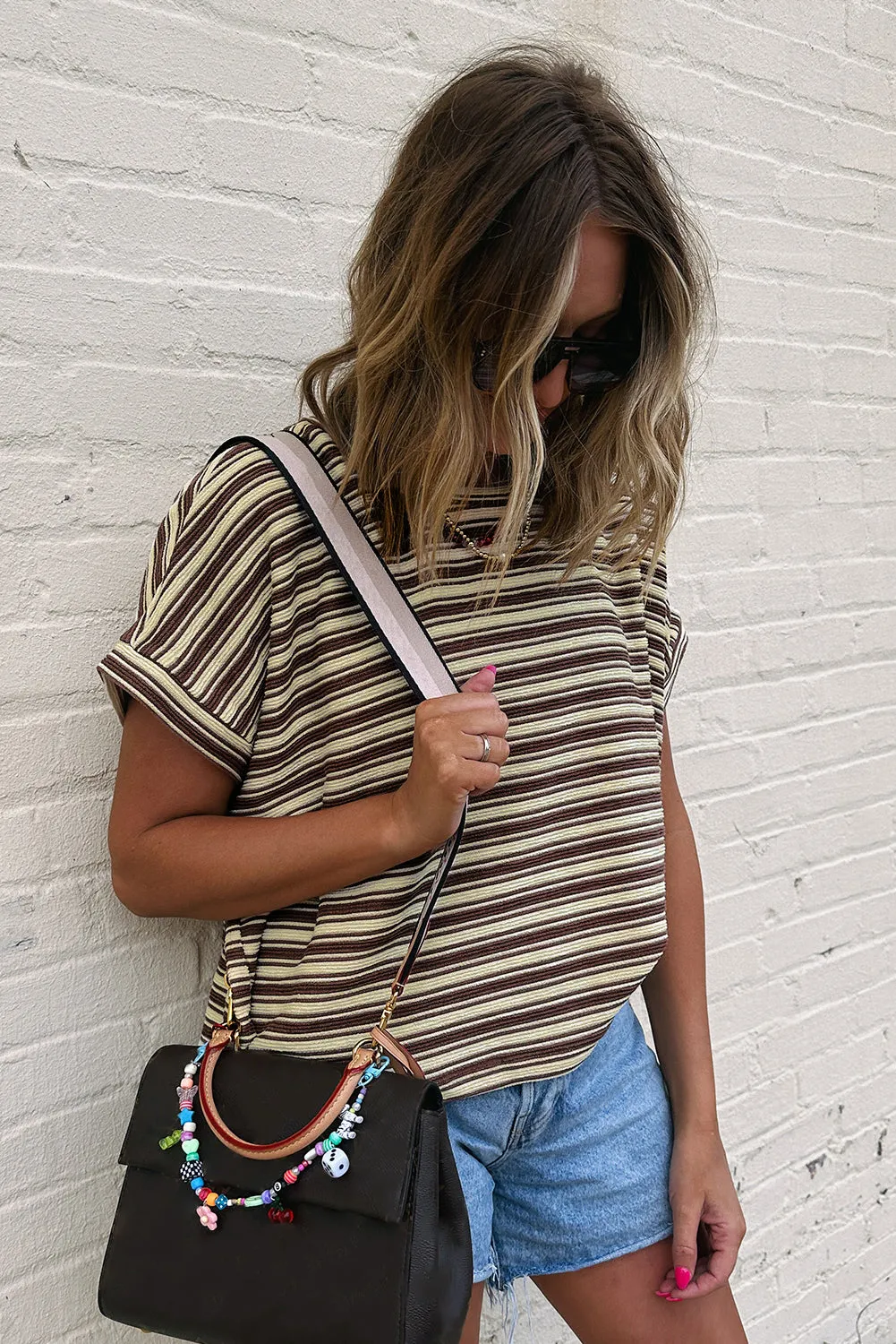 Brown Stripe Textured Side Slits Crew Neck T Shirt for Women