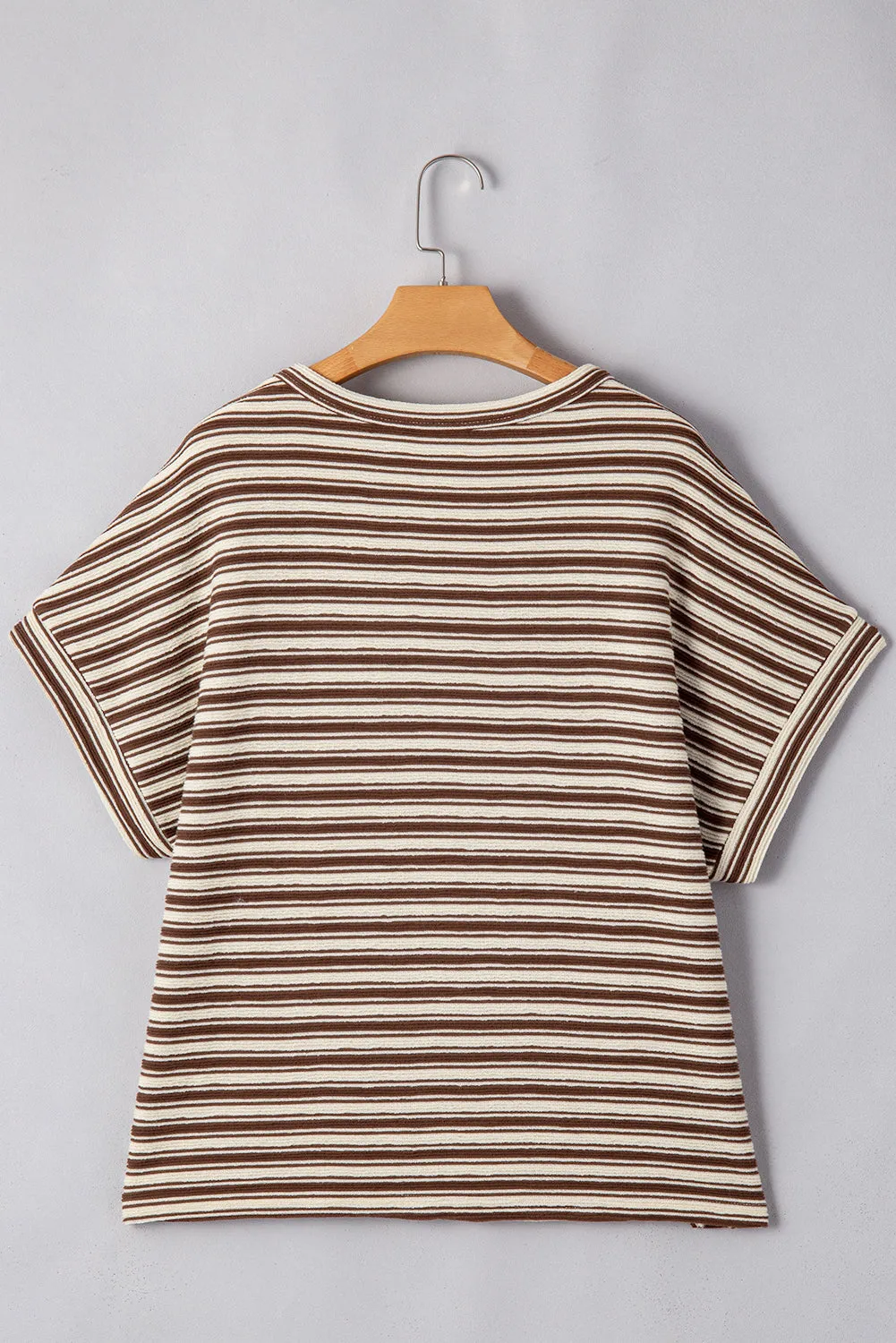 Brown Stripe Textured Side Slits Crew Neck T Shirt for Women