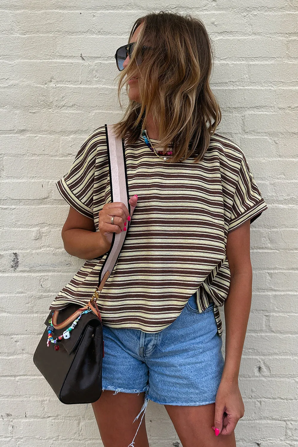 Brown Stripe Textured Side Slits Crew Neck T Shirt for Women