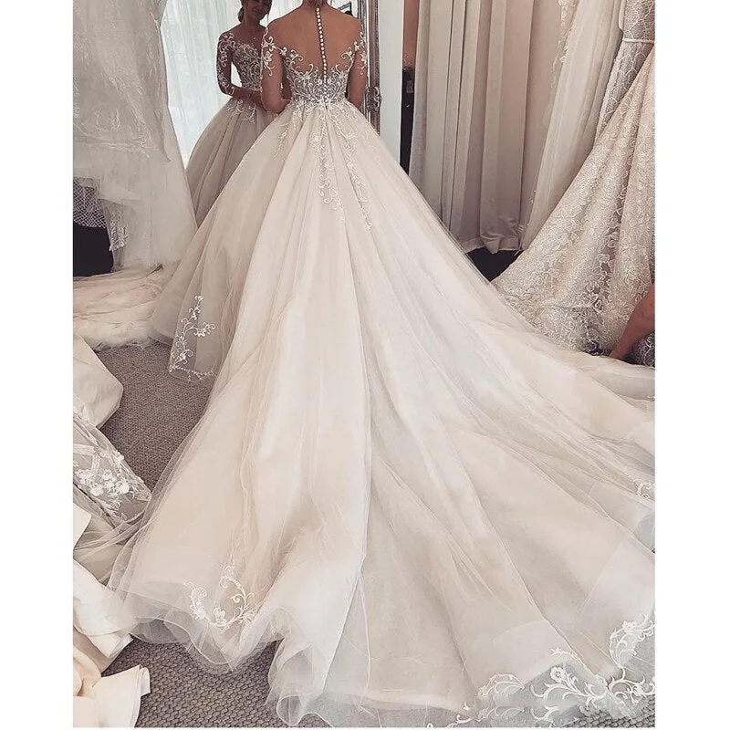 Charming Lace Wedding Dress  robe de mariee Sheer Long Sleeves Wedding Dresses Custom Made Illusion A-Line Bride Gowns