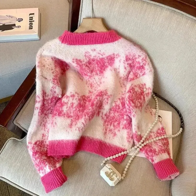 Chic Tie-Dye Sweater with Pearl Beaded Details and Soft Touch Material