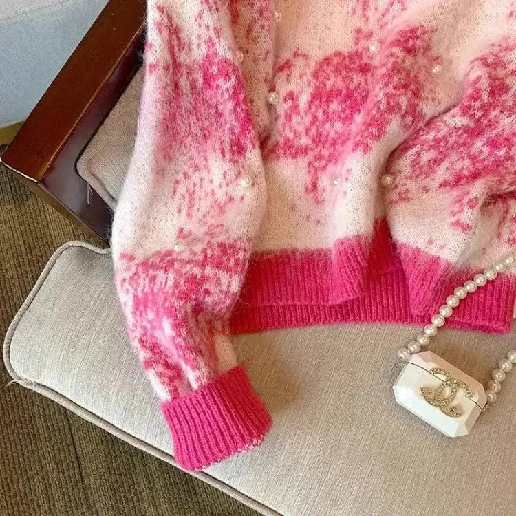 Chic Tie-Dye Sweater with Pearl Beaded Details and Soft Touch Material